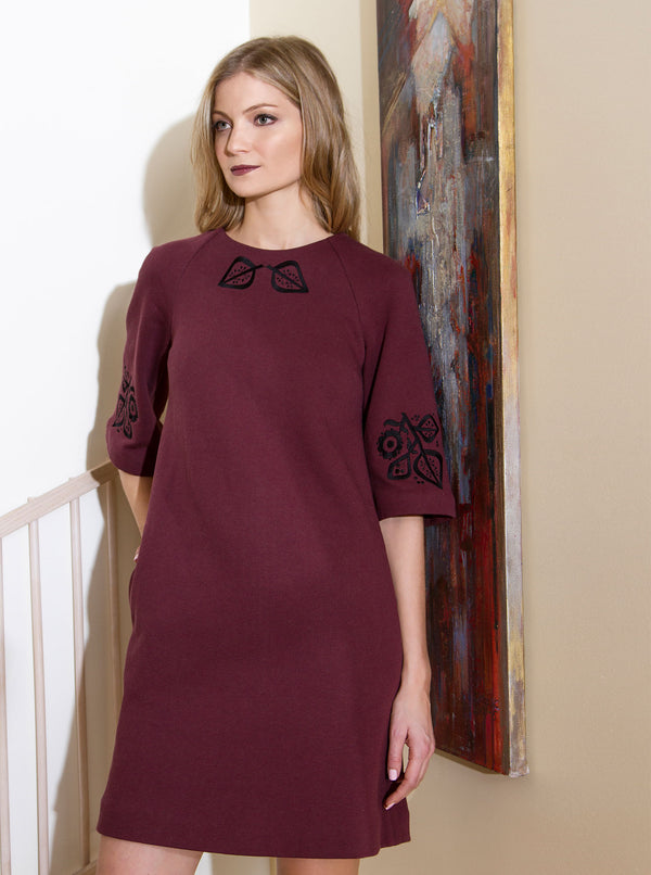 Bordeaux red organic cotton embroidered dress PILVI