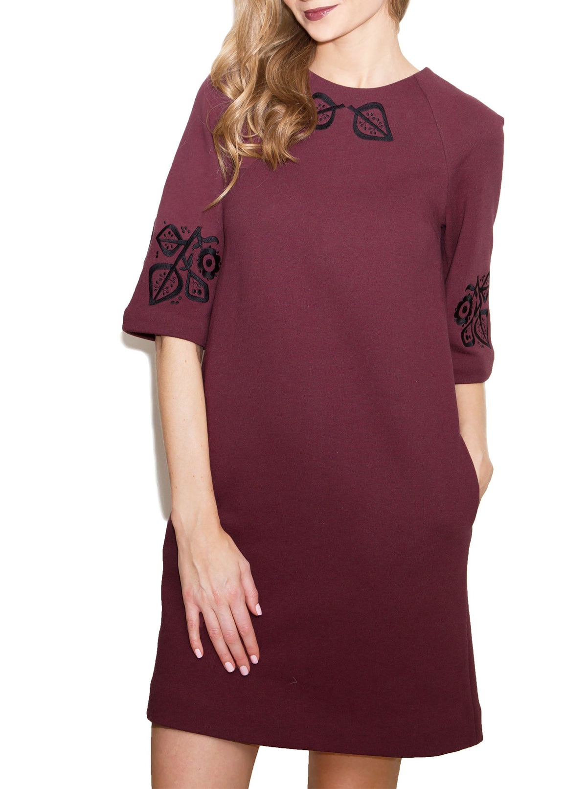 Bordeaux red organic cotton embroidered dress PILVI